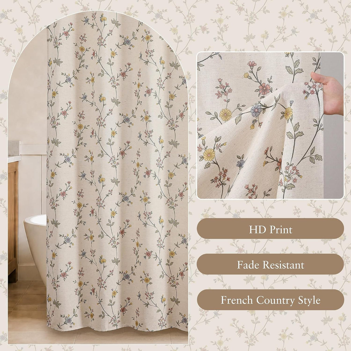 Colorful Star Yellow Floral Linen Shower Curtain Cottagecore, 72" W x 72" L