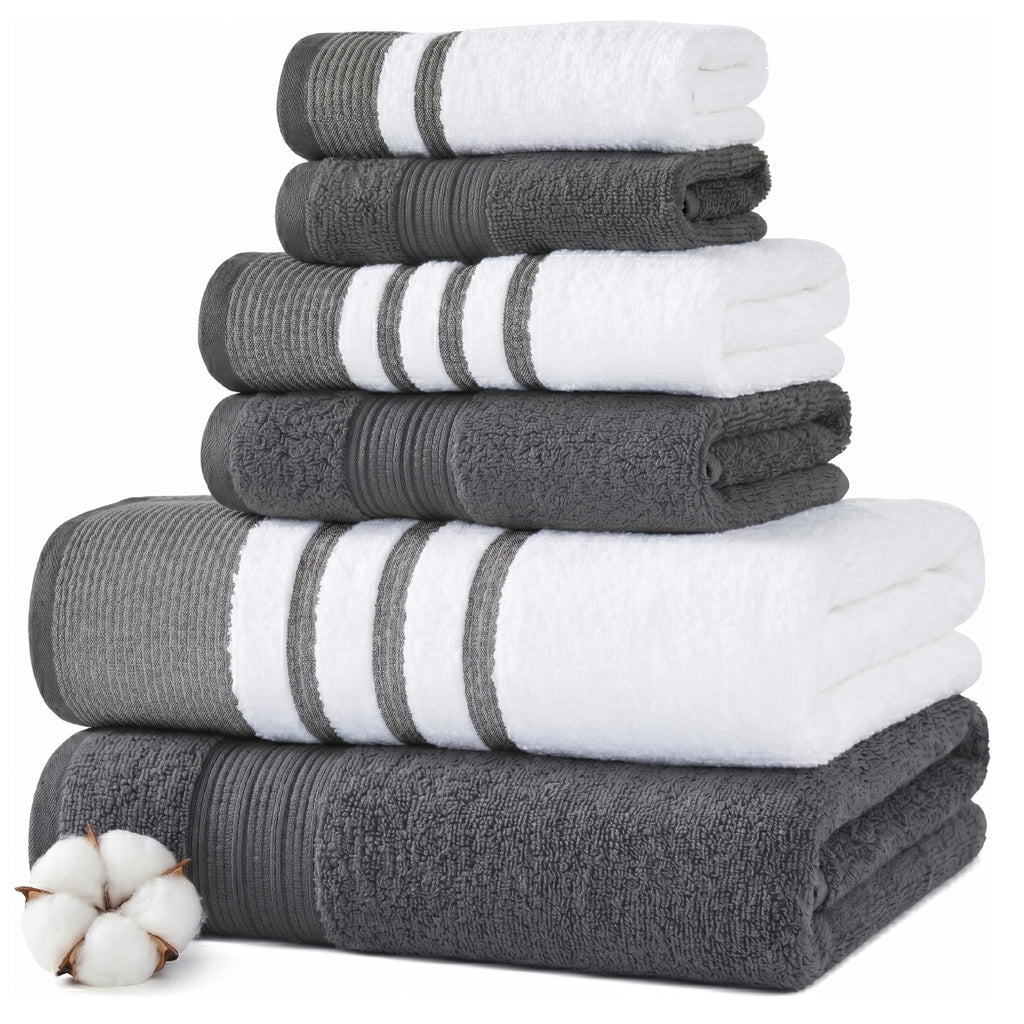 Modern Threads 6 Piece Bath Towel Set – Bathroom Towel Set with 2 Bath Towels, 2 Hand Towels & 2 Washcloths – 100% Cotton, Soft & Absorbent – Classic Border Stripe (Green)