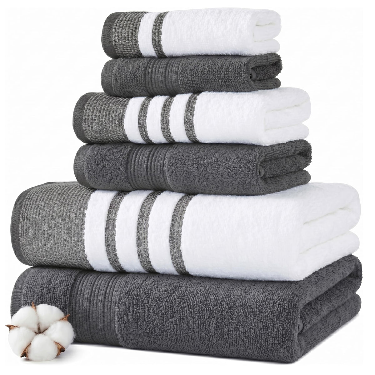 Modern Threads 6 Piece Bath Towel Set – Bathroom Towel Set with 2 Bath Towels, 2 Hand Towels & 2 Washcloths – 100% Cotton, Soft & Absorbent – Classic Border Stripe (Green)