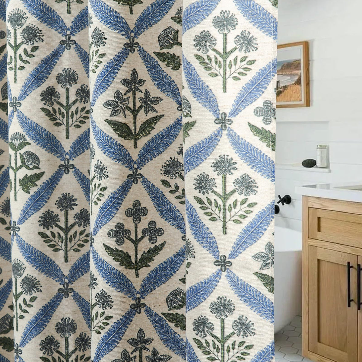 Linen Textured Ruffle Shower Curtain - Blue Vintage Floral Block Print, Boho Cottagecore Farmhouse French Country Bathroom Decor Set, 72x72 Inches