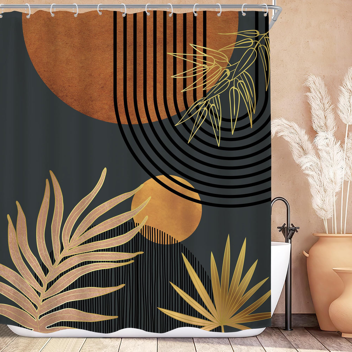 Mid Century Green Orange Boho Abstract Modern Bathroom Shower Curtain Set