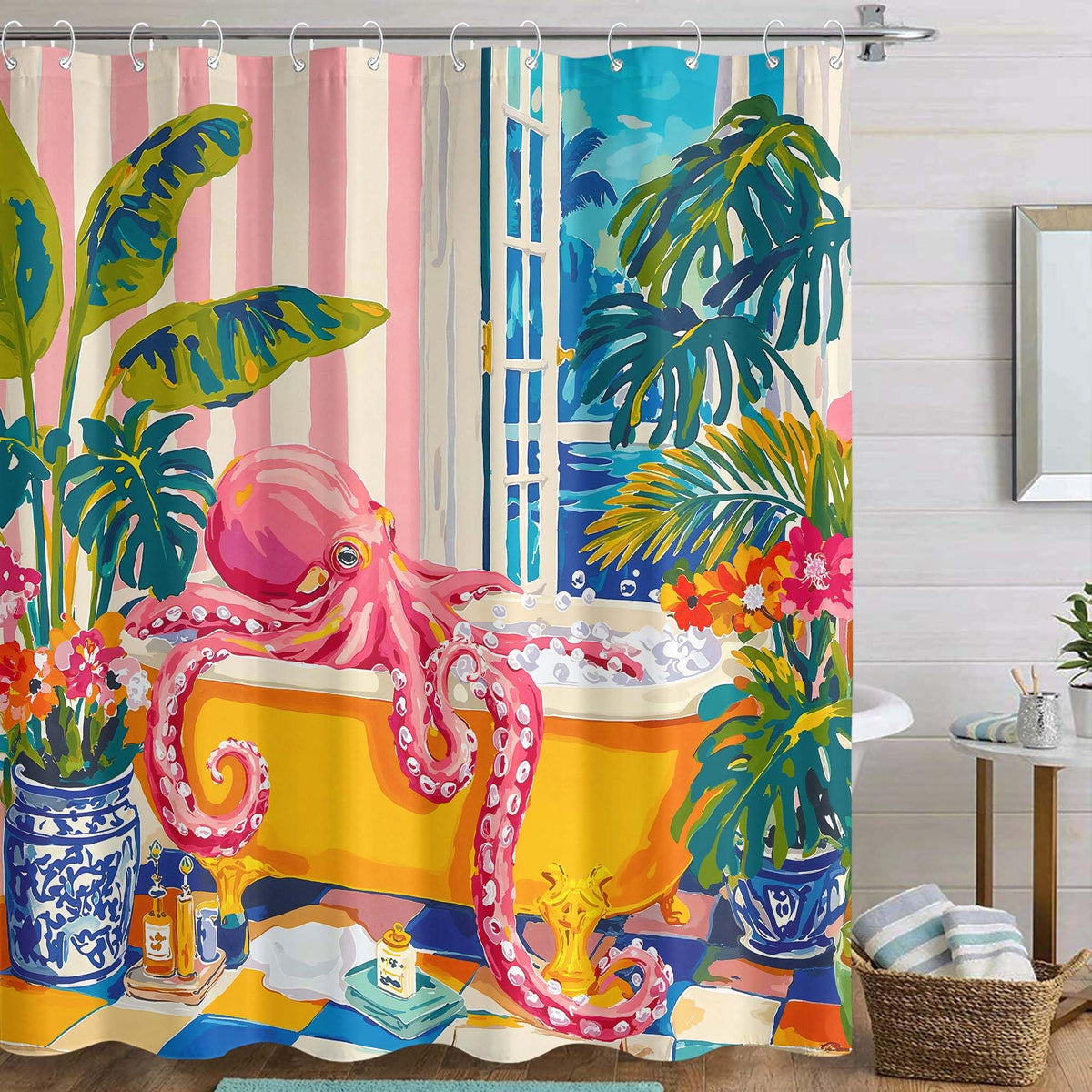 Accnicc Funny Octopus Shower Curtain Cute Boho Coastal Matisse Shower Curtains for Bathroom Green Tropical Plants Pink Decorative Unique Waterproof Fabric Bath Curtain Decor 72 X 72 Inches