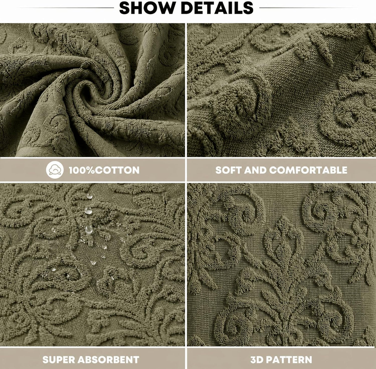Artoid Mode 2 Pcs Olive Green 3D Vintage Floral Hand Towels for Bathroom, 100% Cotton Soft Absorbent Bathroom Decor Towels, 13.7 x 29.5 Inch