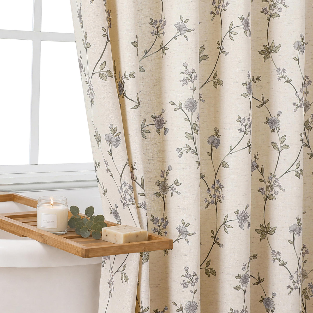 Colorful Star Yellow Floral Linen Shower Curtain Cottagecore, 72" W x 72" L