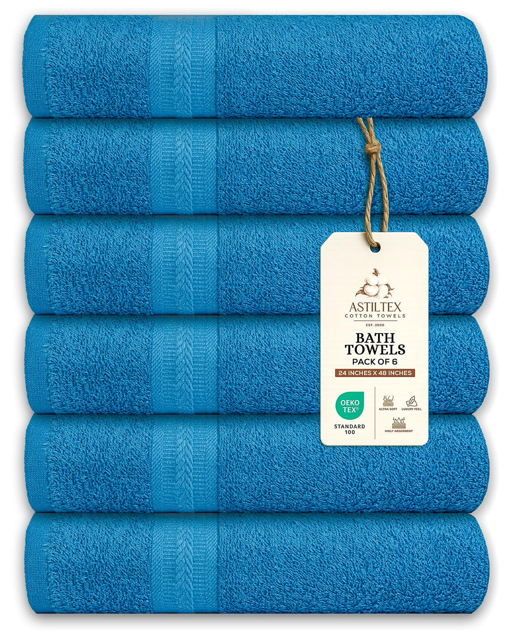 Bath Towels Pack of 6 – 24" x 48" – 100% Cotton Terry, Soft, Quick-Dry & Highly Absorbent – Navy Blue Towels for Bathroom, Spa, Gym, Hotel, Pool & Everyday Use