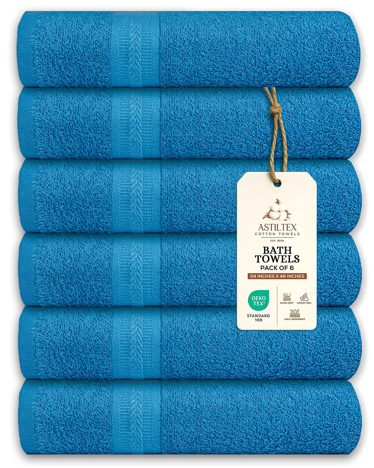 Bath Towels Pack of 6 – 24" x 48" – 100% Cotton Terry, Soft, Quick-Dry & Highly Absorbent – Navy Blue Towels for Bathroom, Spa, Gym, Hotel, Pool & Everyday Use