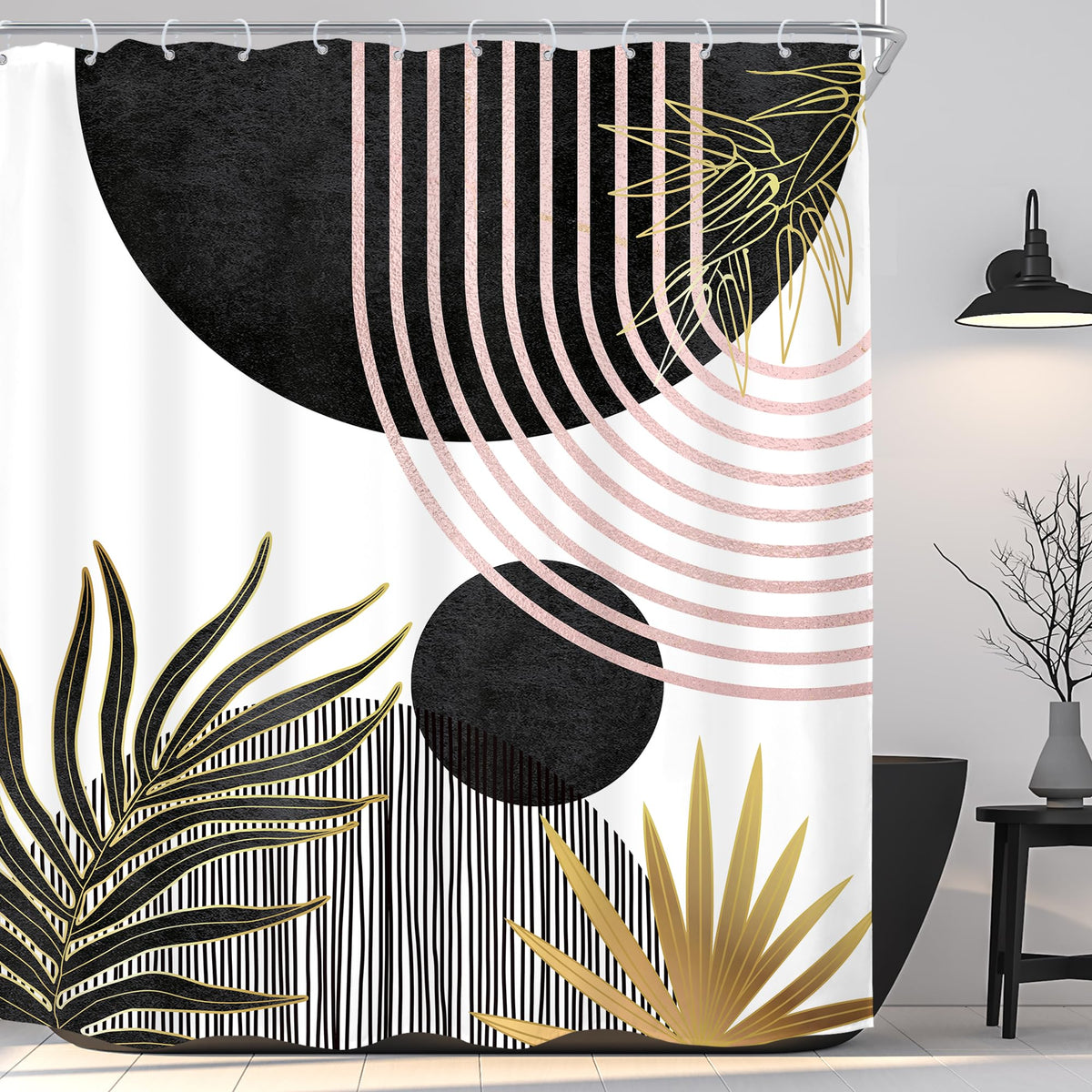 Mid Century Green Orange Boho Abstract Modern Bathroom Shower Curtain Set