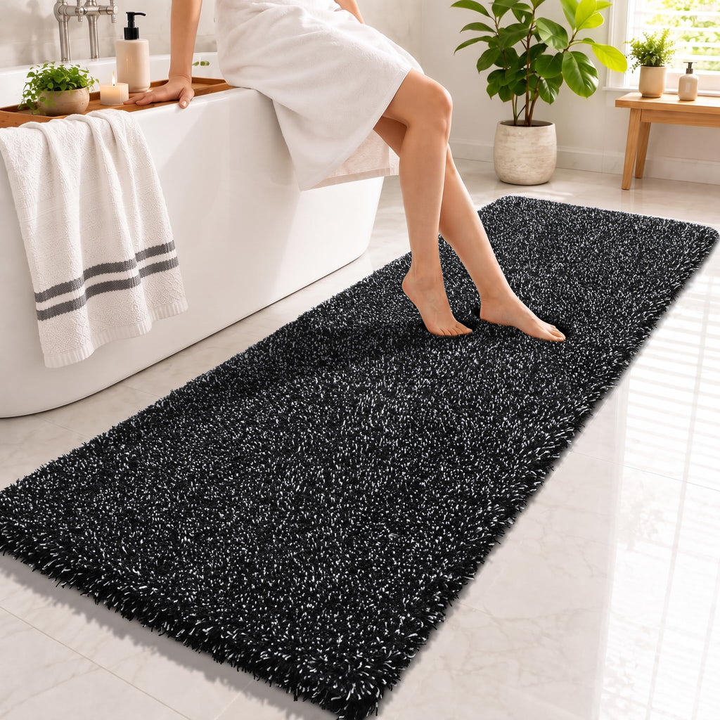 Yimobra Bathroom Rugs Non Slip Washable 32X20, Ultra Soft and Water Absorbent Bath Mats, Plush Fluffy Shower Mat Outside, Microfiber Thick Matts for Bathroom Floor/Tub, Light Gray and White