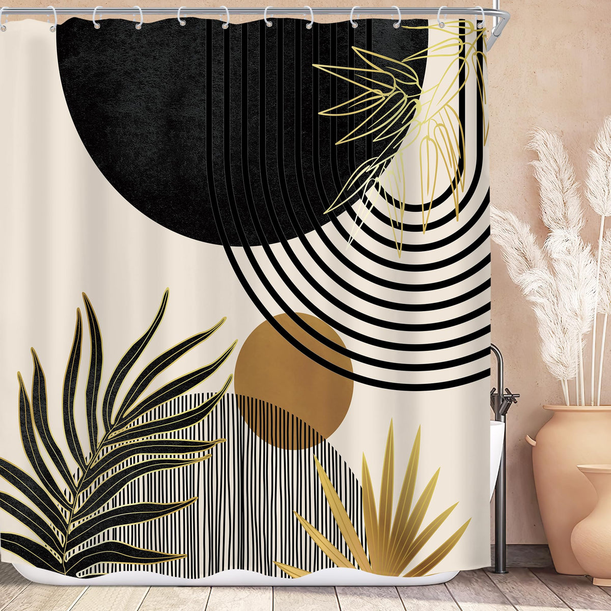 Mid Century Green Orange Boho Abstract Modern Bathroom Shower Curtain Set
