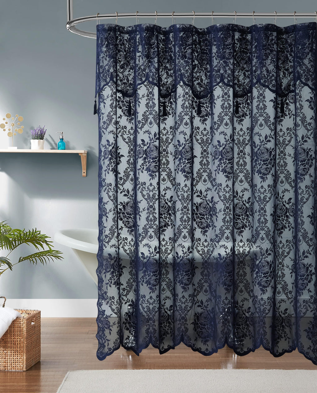 Warm Home Designs Navy Blue Lace Shower Curtain with Valance. LA Navy 72