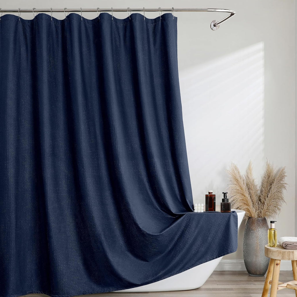 Navy Blue Shower Curtain 72 Inch Length 1 Piece, Waffle Embossed Textured Soft Fabric Hotel Shower Curtain for Bathroom, Modern Polyester Water Repellent Cloth Bath Decor, 72Wx72L Inches
