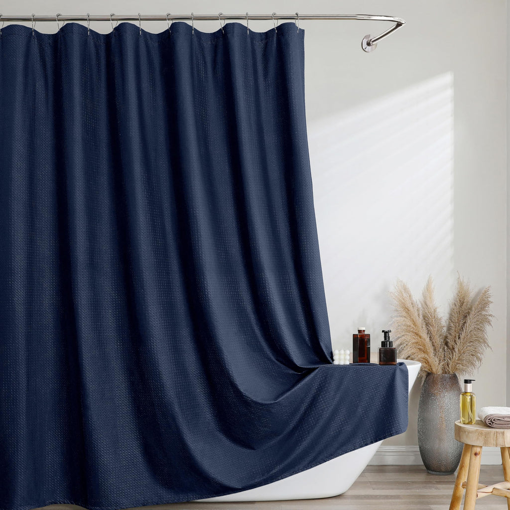 Navy Blue Shower Curtain 72 Inch Length 1 Piece, Waffle Embossed Textured Soft Fabric Hotel Shower Curtain for Bathroom, Modern Polyester Water Repellent Cloth Bath Decor, 72Wx72L Inches