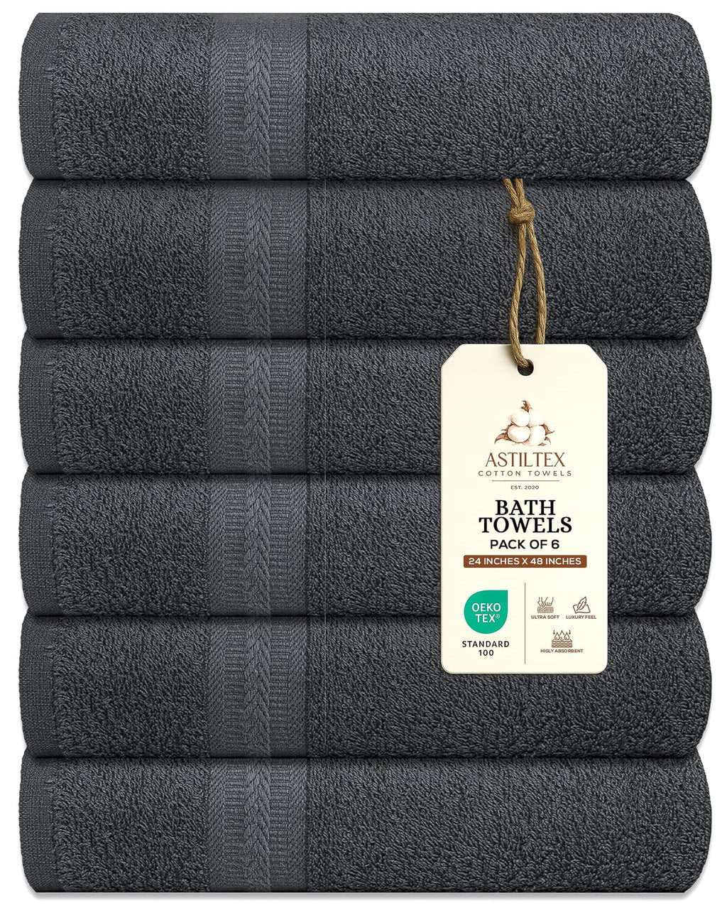 Bath Towels Pack of 6 – 24" x 48" – 100% Cotton Terry, Soft, Quick-Dry & Highly Absorbent – Navy Blue Towels for Bathroom, Spa, Gym, Hotel, Pool & Everyday Use