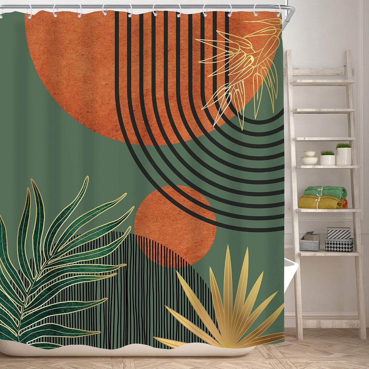 Mid Century Green Orange Boho Abstract Modern Bathroom Shower Curtain Set