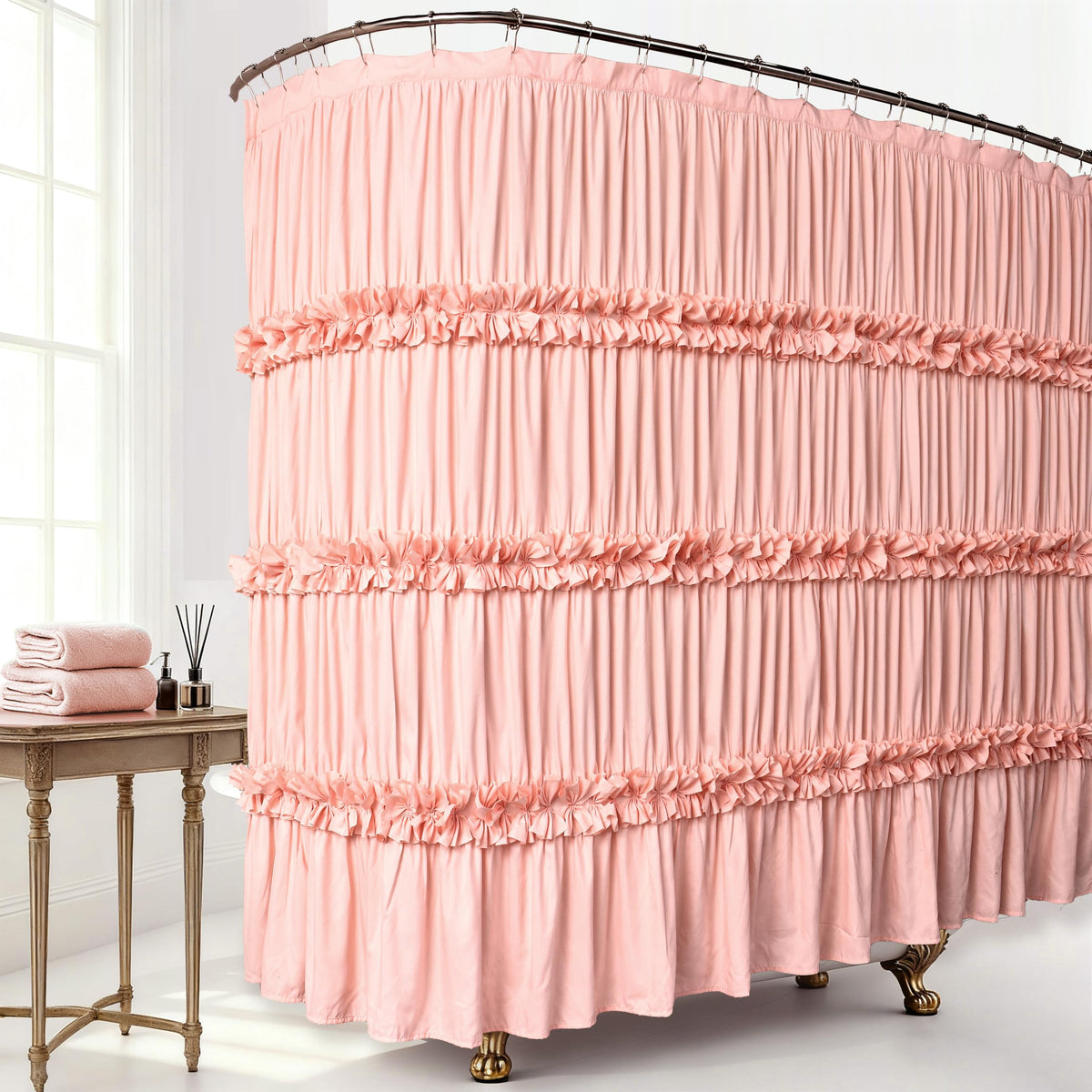 Homechoice Decor Victorian White Ruffle Shower Curtain with 12 Buttonholes