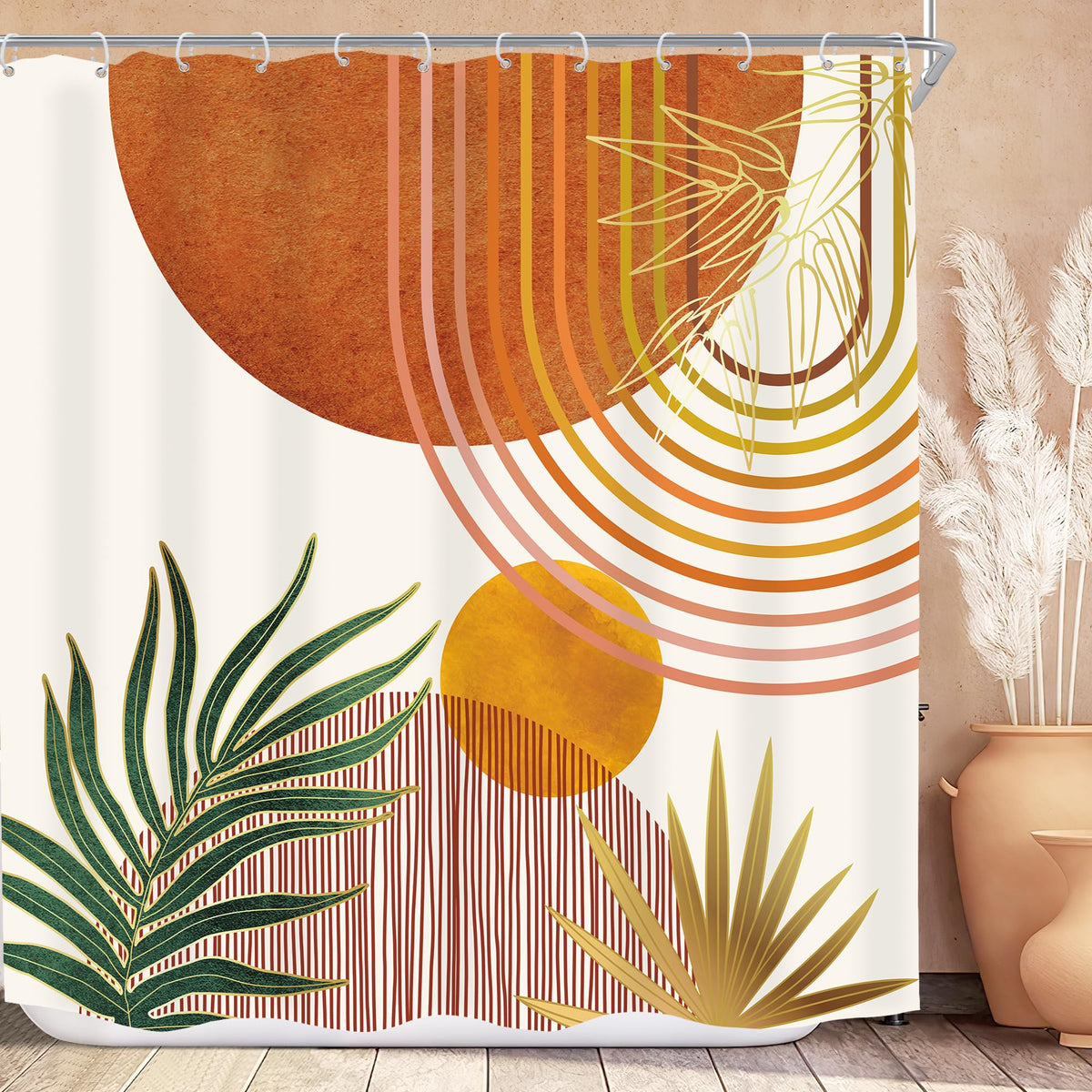 Mid Century Green Orange Boho Abstract Modern Bathroom Shower Curtain Set