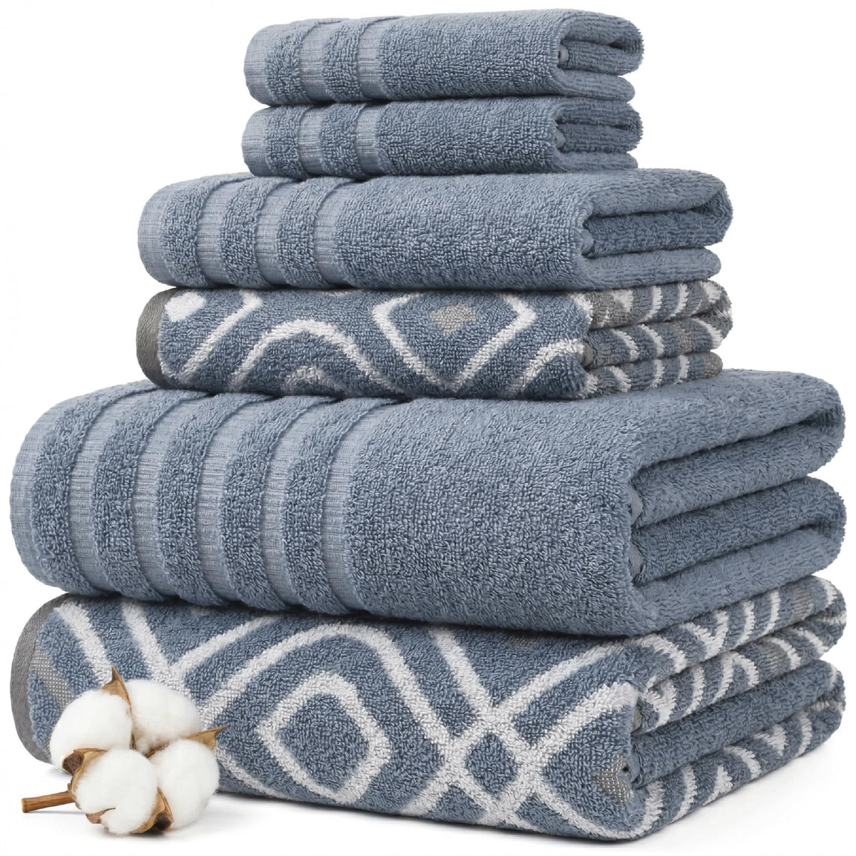 Modern Threads 6 Piece Bath Towel Set – Bathroom Set with 2 Bath Towels, 2 Hand Towels, and 2 Wash Cloths – 100% Cotton, Super Absorbent & Extra Soft – Reversible Floral Trail (Navy)