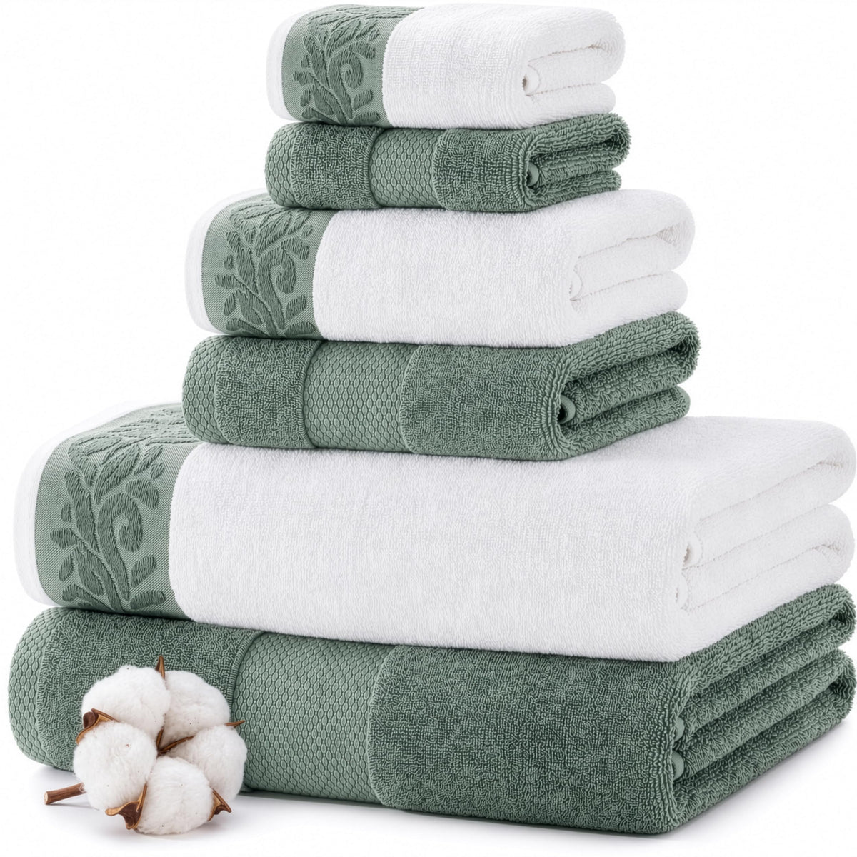 Modern Threads 6 Piece Bath Towel Set – Bathroom Towel Set with 2 Bath Towels, 2 Hand Towels & 2 Washcloths – 100% Cotton, Soft & Absorbent – Classic Border Stripe (Green)