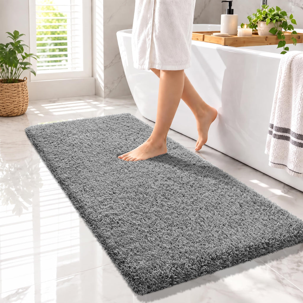 Yimobra Bathroom Rugs Non Slip Washable 32X20, Ultra Soft and Water Absorbent Bath Mats, Plush Fluffy Shower Mat Outside, Microfiber Thick Matts for Bathroom Floor/Tub, Light Gray and White