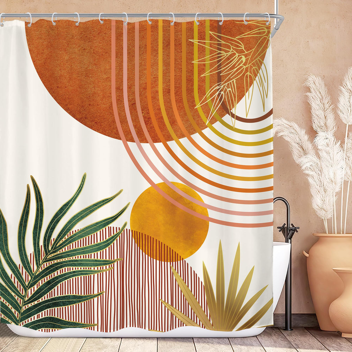 Mid Century Green Orange Boho Abstract Modern Bathroom Shower Curtain Set