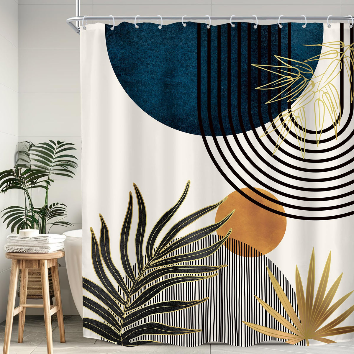 Mid Century Green Orange Boho Abstract Modern Bathroom Shower Curtain Set