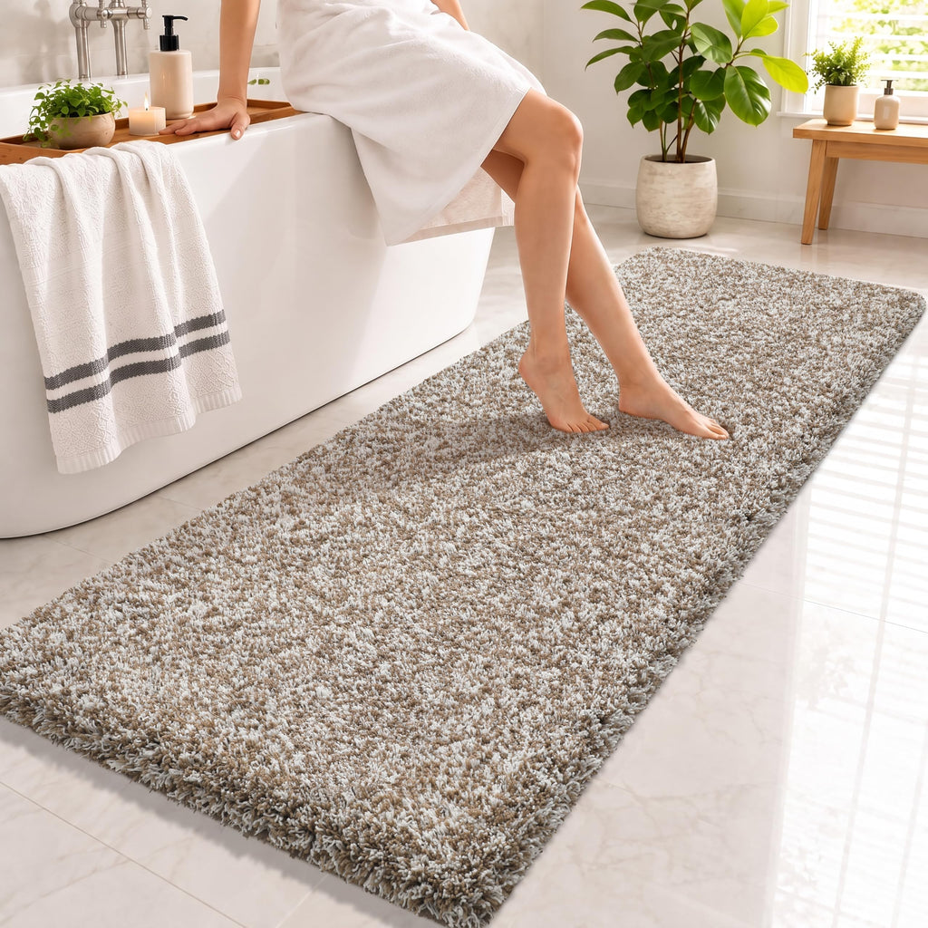 Yimobra Bathroom Rugs Non Slip Washable 32X20, Ultra Soft and Water Absorbent Bath Mats, Plush Fluffy Shower Mat Outside, Microfiber Thick Matts for Bathroom Floor/Tub, Light Gray and White