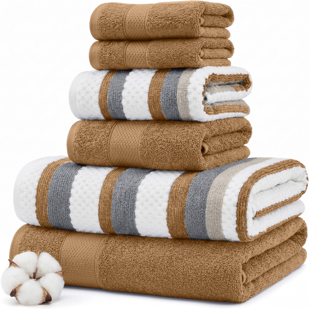 Modern Threads 6 Piece Bath Towel Set – Bathroom Towel Set with 2 Bath Towels, 2 Hand Towels & 2 Washcloths – 100% Cotton, Soft & Absorbent – Classic Border Stripe (Green)