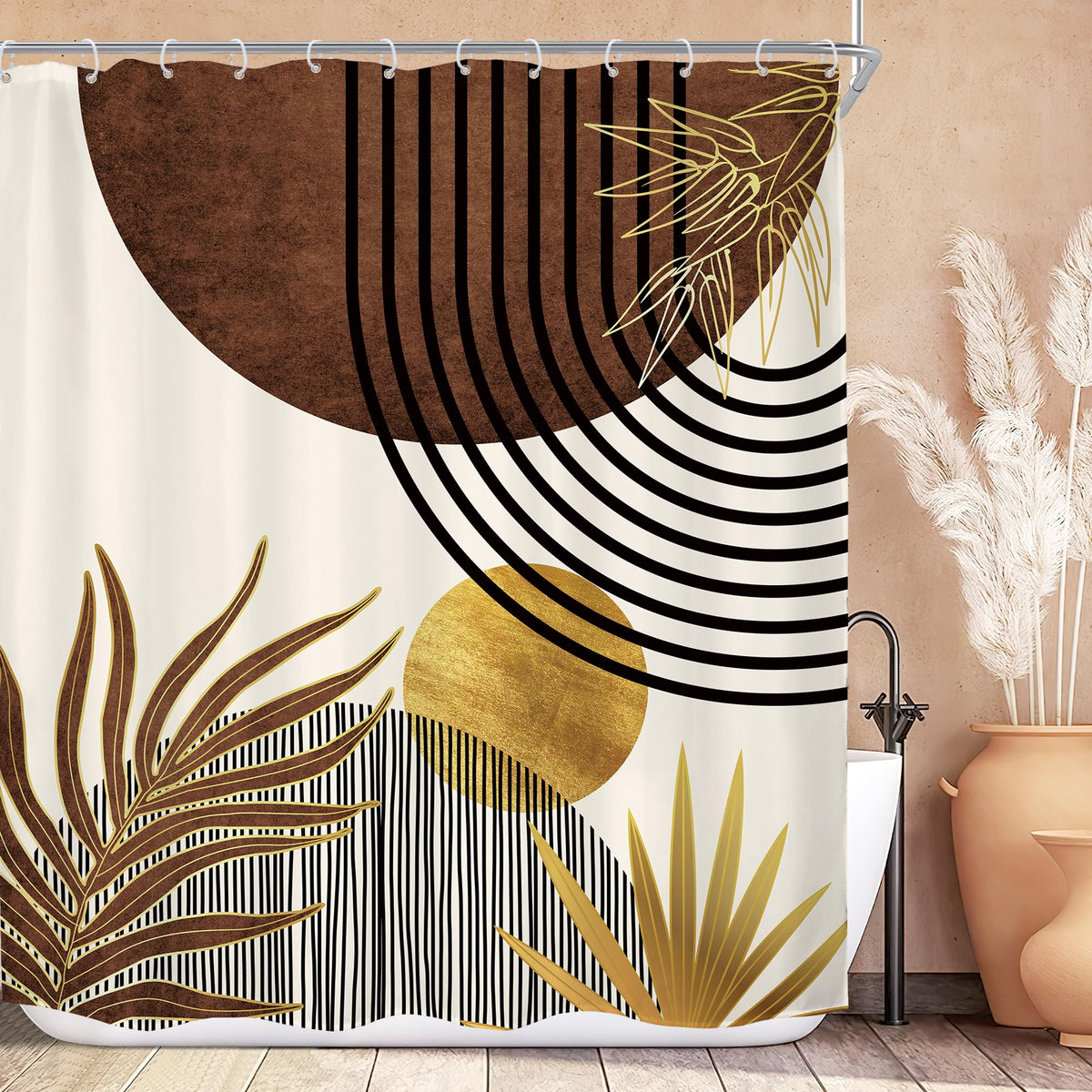 Mid Century Green Orange Boho Abstract Modern Bathroom Shower Curtain Set