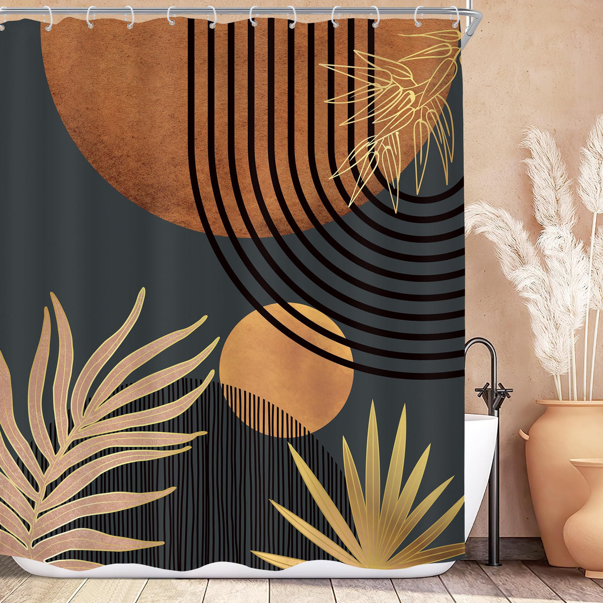 Mid Century Green Orange Boho Abstract Modern Bathroom Shower Curtain Set