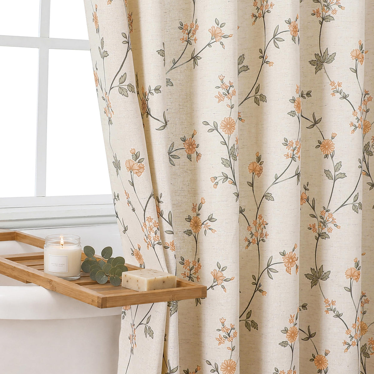Colorful Star Yellow Floral Linen Shower Curtain Cottagecore, 72" W x 72" L