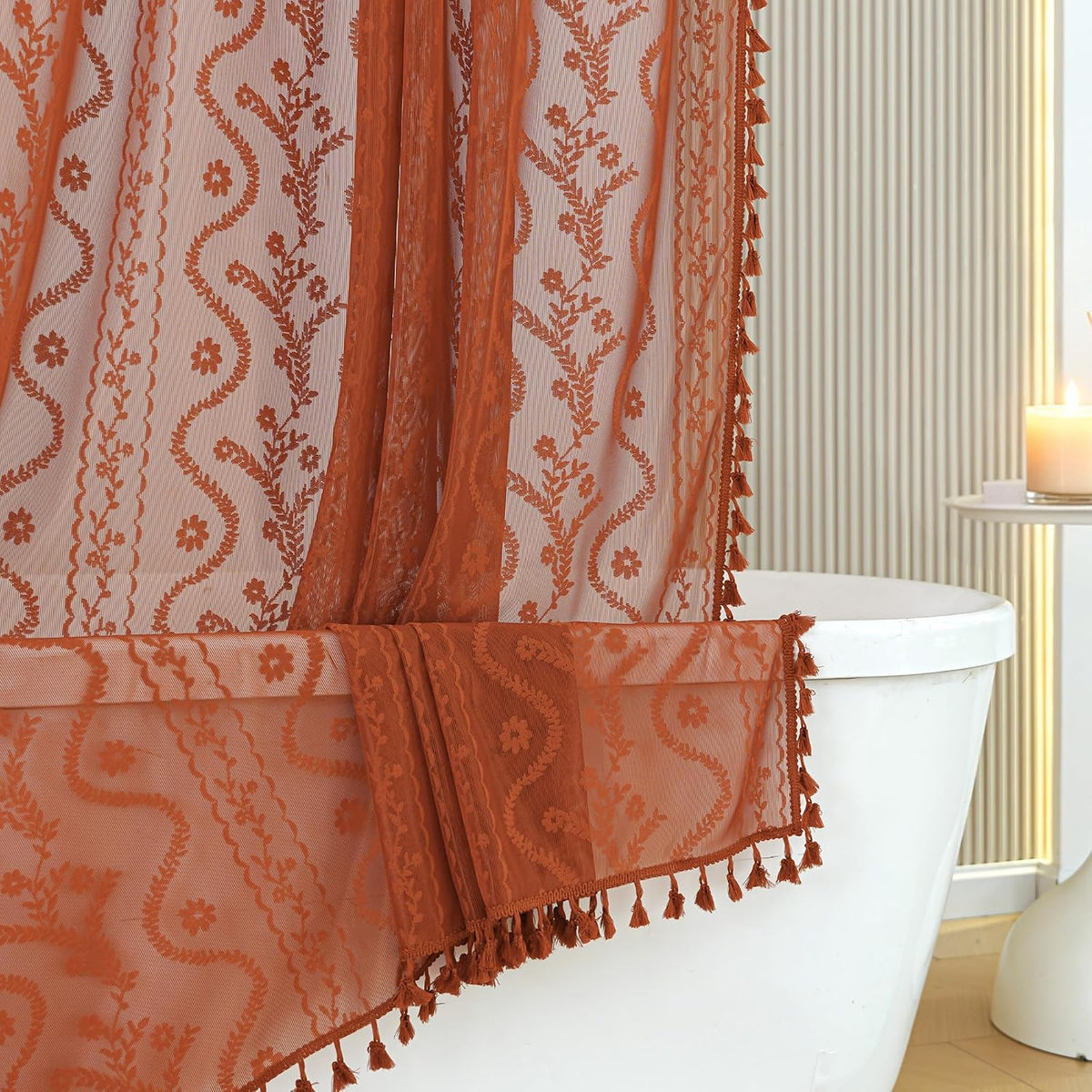 WAZZIO Terracotta Lace Shower Curtain,Boho Chic Fall Color,72 x 72 in
