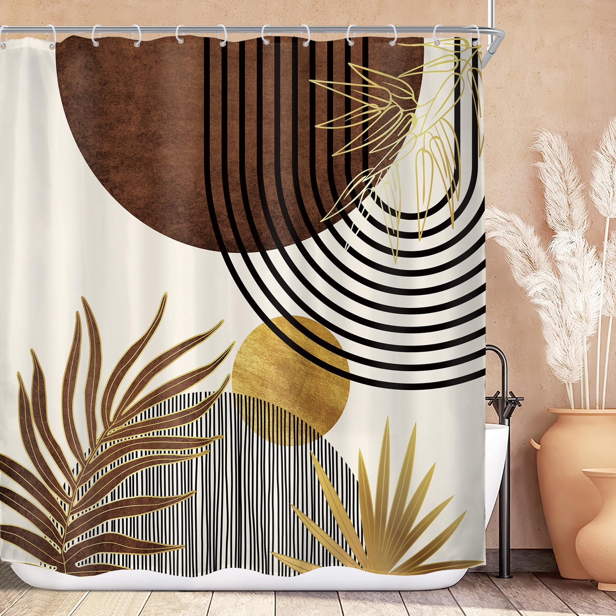 Mid Century Green Orange Boho Abstract Modern Bathroom Shower Curtain Set