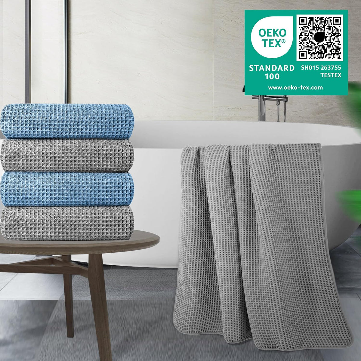POLYTE 430 GSM Poly Blend Microfiber Quick Dry Waffle Bath Towel, 30x60 in