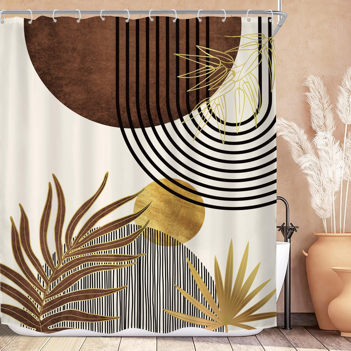 Mid Century Green Orange Boho Abstract Modern Bathroom Shower Curtain Set
