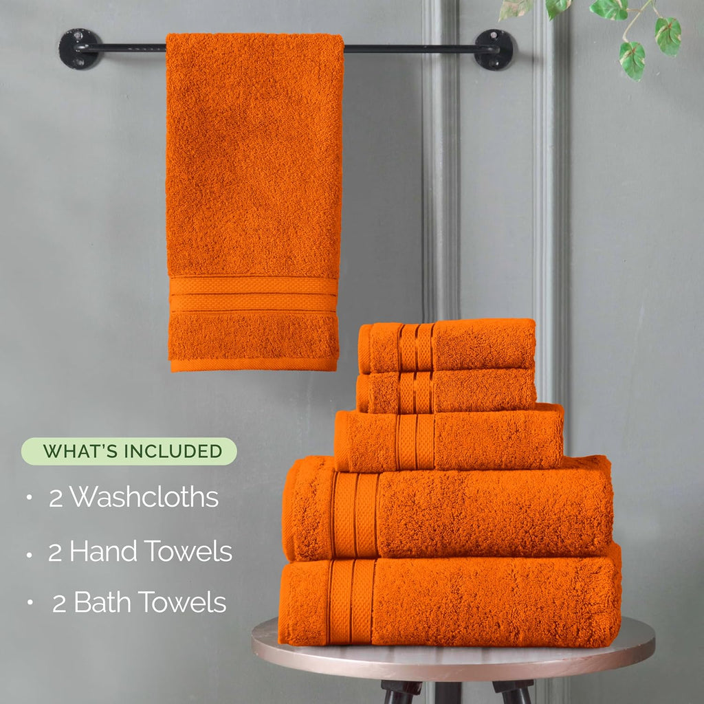 Elegant Comfort Luxury 6-Piece Towel Set, Premium Soft 100% Turkish Cotton, Three Line Popcorn Design 2 Bath Towels, 2 Hand Towels and 2 Washcloths Towel Set-Quick-Drying and Absorbent, Vibrant Orange