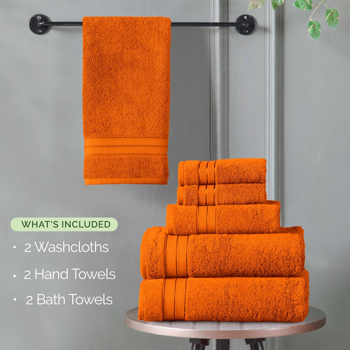 Elegant Comfort Luxury 6-Piece Towel Set, Premium Soft 100% Turkish Cotton, Three Line Popcorn Design 2 Bath Towels, 2 Hand Towels and 2 Washcloths Towel Set-Quick-Drying and Absorbent, Vibrant Orange