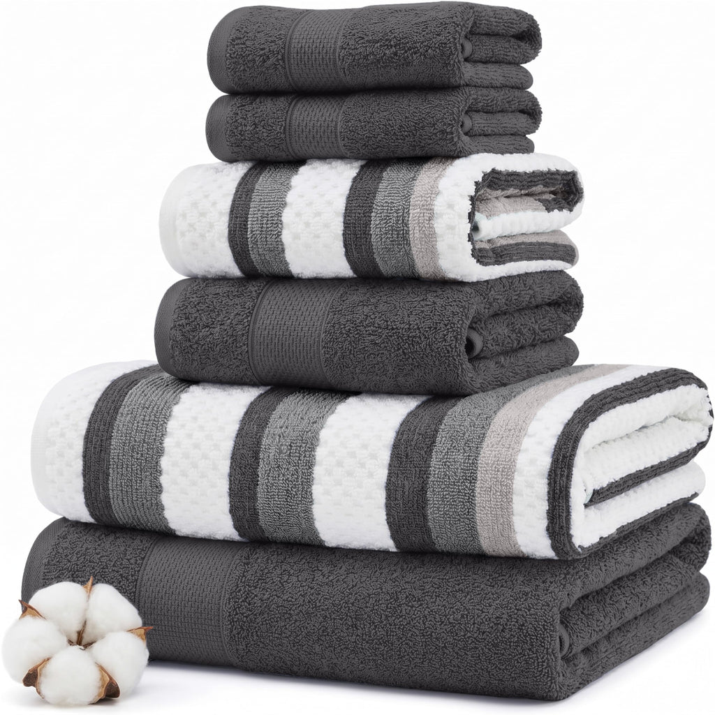 Modern Threads 6 Piece Bath Towel Set – Bathroom Towel Set with 2 Bath Towels, 2 Hand Towels & 2 Washcloths – 100% Cotton, Soft & Absorbent – Classic Border Stripe (Green)